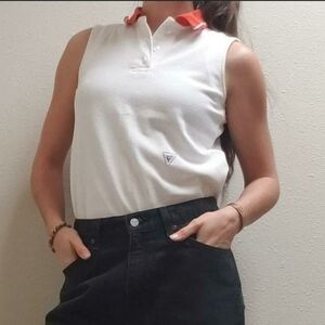 VARSITY Vintage Made in USA Women's Small White & Orange Sleeveless Polo Top